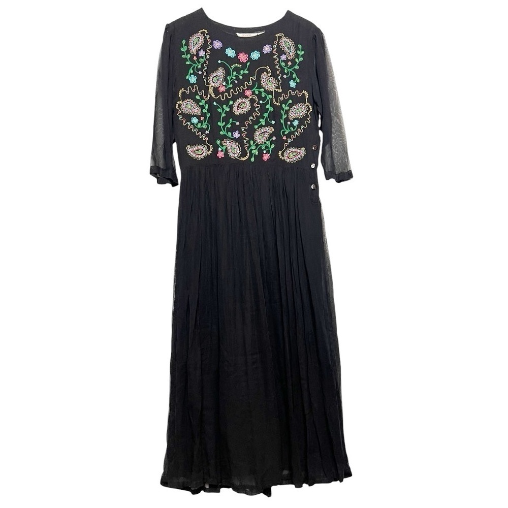 Vintage Pier1 Passports  Rayon Dress Black With Colorful Embroidery Size Large